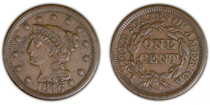 1846 Large Cent, tall date, VF-25